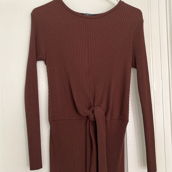 ZARA LONG KNIT MIDI BELTED WRAP DRESS CHOCOLATE BROWN - Picture 5 of 7